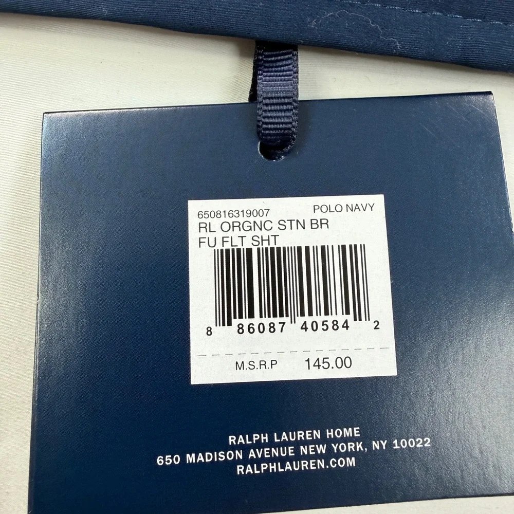 Ralph Lauren Full Flat Sheet Polo Navy White Organic Sateen Border 624TC NEW